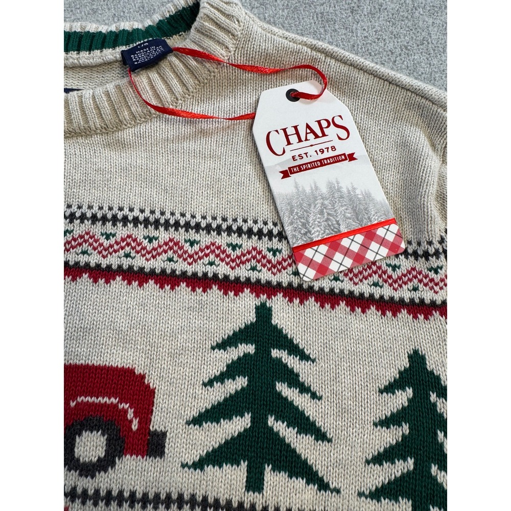 Chaps Christmas Sweater Mens L Oatmeal Heather New Red Truck Holiday Fair Isle - Picture 8 of 12